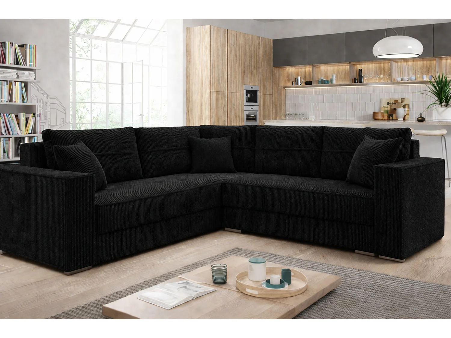 Couchgarnitur PARIS – Wohnlandschaft L-Form mit Schlaffunktion & Bettkasten Flauschiger Cord Stoff POSO Schwarz