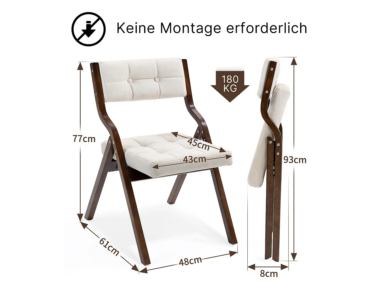 2er Set Esszimmerstühle Gepolsterte Klappstühle mit Holzfüßen, im nordischen Stil, Rückenlehne mit 110° Neigungswinkel, montagefrei