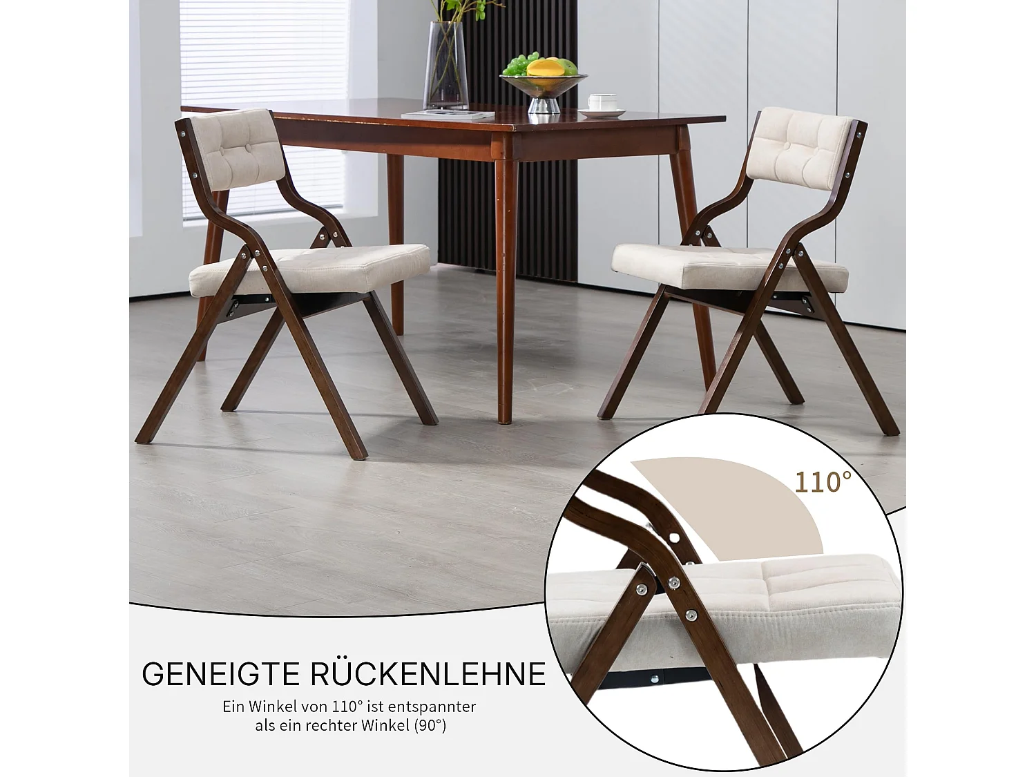 2er Set Esszimmerstühle Gepolsterte Klappstühle mit Holzfüßen, im nordischen Stil, Rückenlehne mit 110° Neigungswinkel, montagefrei