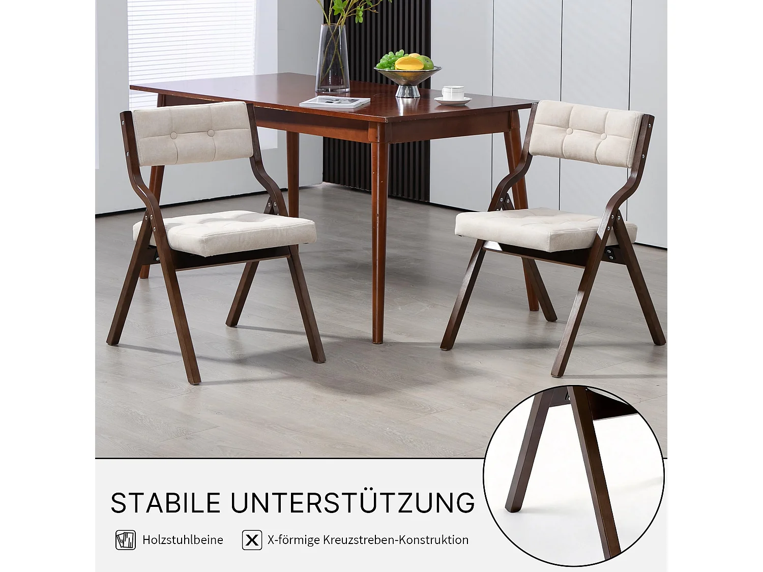 2er Set Esszimmerstühle Gepolsterte Klappstühle mit Holzfüßen, im nordischen Stil, Rückenlehne mit 110° Neigungswinkel, montagefrei