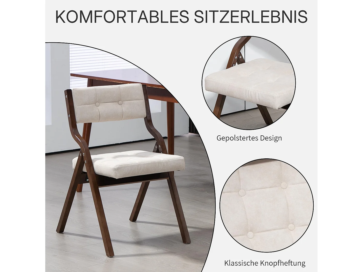 2er Set Esszimmerstühle Gepolsterte Klappstühle mit Holzfüßen, im nordischen Stil, Rückenlehne mit 110° Neigungswinkel, montagefrei