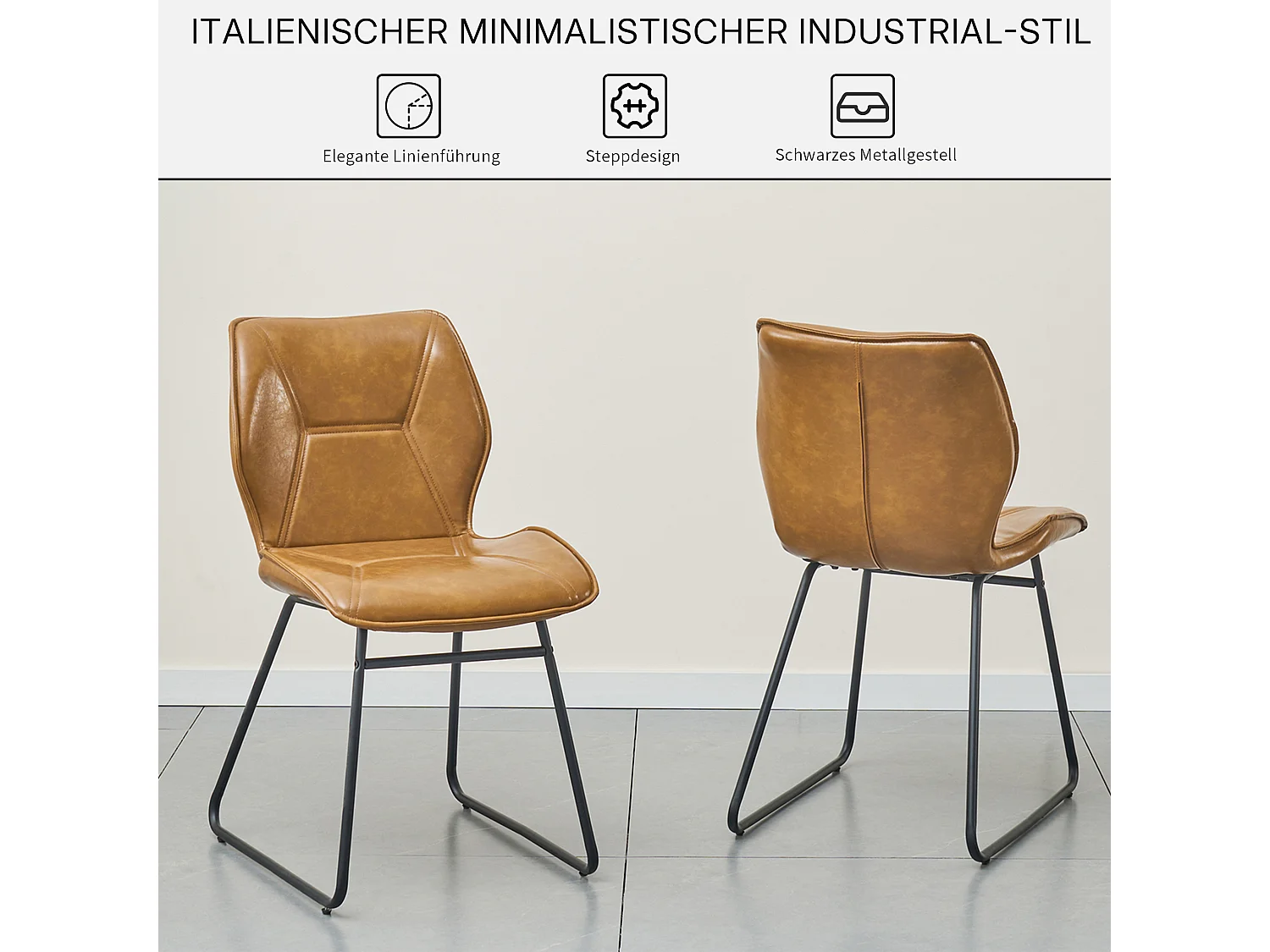 2er Set Esszimmerstühle aus Kunstleder, Moderner Küchenstuhl mit Metallgestell, Polsterstuhl im Industrial Design, Schalenstuhl für Wohnzimmer, Küche & Büro