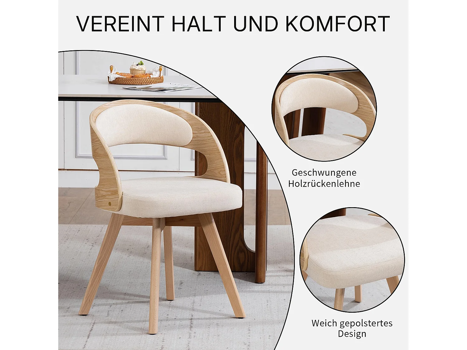 Esszimmerstuhl 2er Set Küchenstuhl mit Drehbarer Sitzfläche, Verstellbaren Holzbeinen, Polsterstuhl mit Geschwungener Rückenlehne