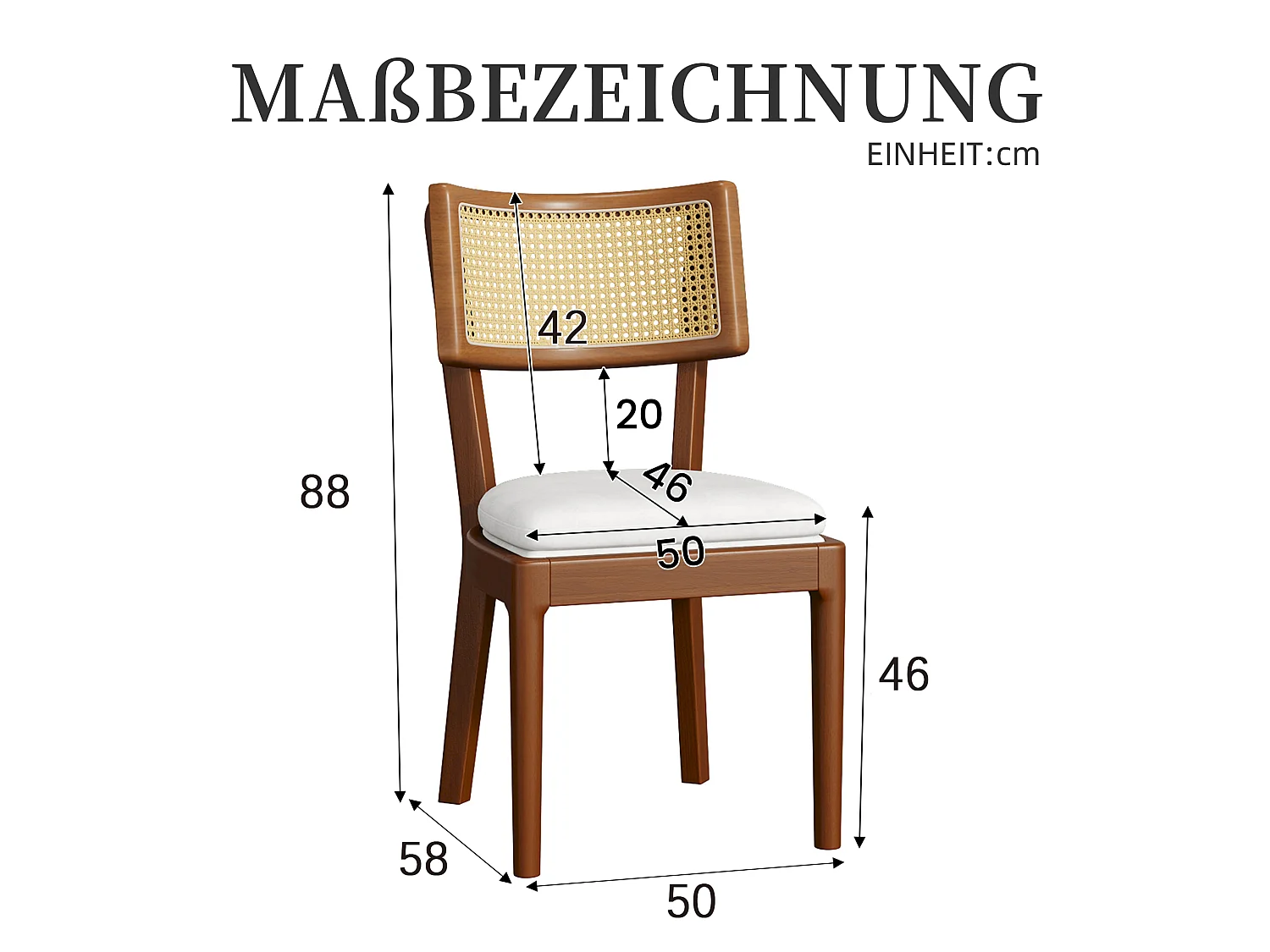 Esszimmerstuhl 2er Set Küchenstühle aus Massivholz-Gestell, Rattan-Rückenlehne, Polsterstuhl inkl. Leinenstoff Sitzkissen