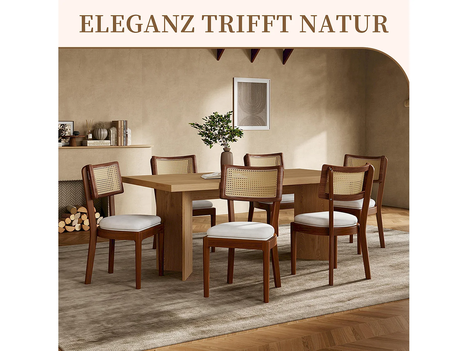 Esszimmerstuhl 2er Set Küchenstühle aus Massivholz-Gestell, Rattan-Rückenlehne, Polsterstuhl inkl. Leinenstoff Sitzkissen