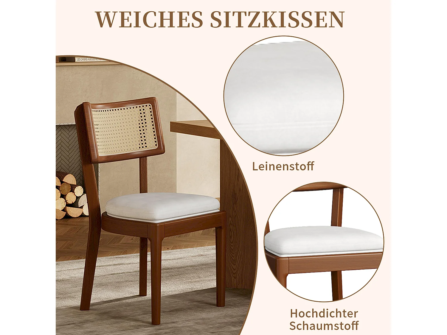 Esszimmerstuhl 2er Set Küchenstühle aus Massivholz-Gestell, Rattan-Rückenlehne, Polsterstuhl inkl. Leinenstoff Sitzkissen