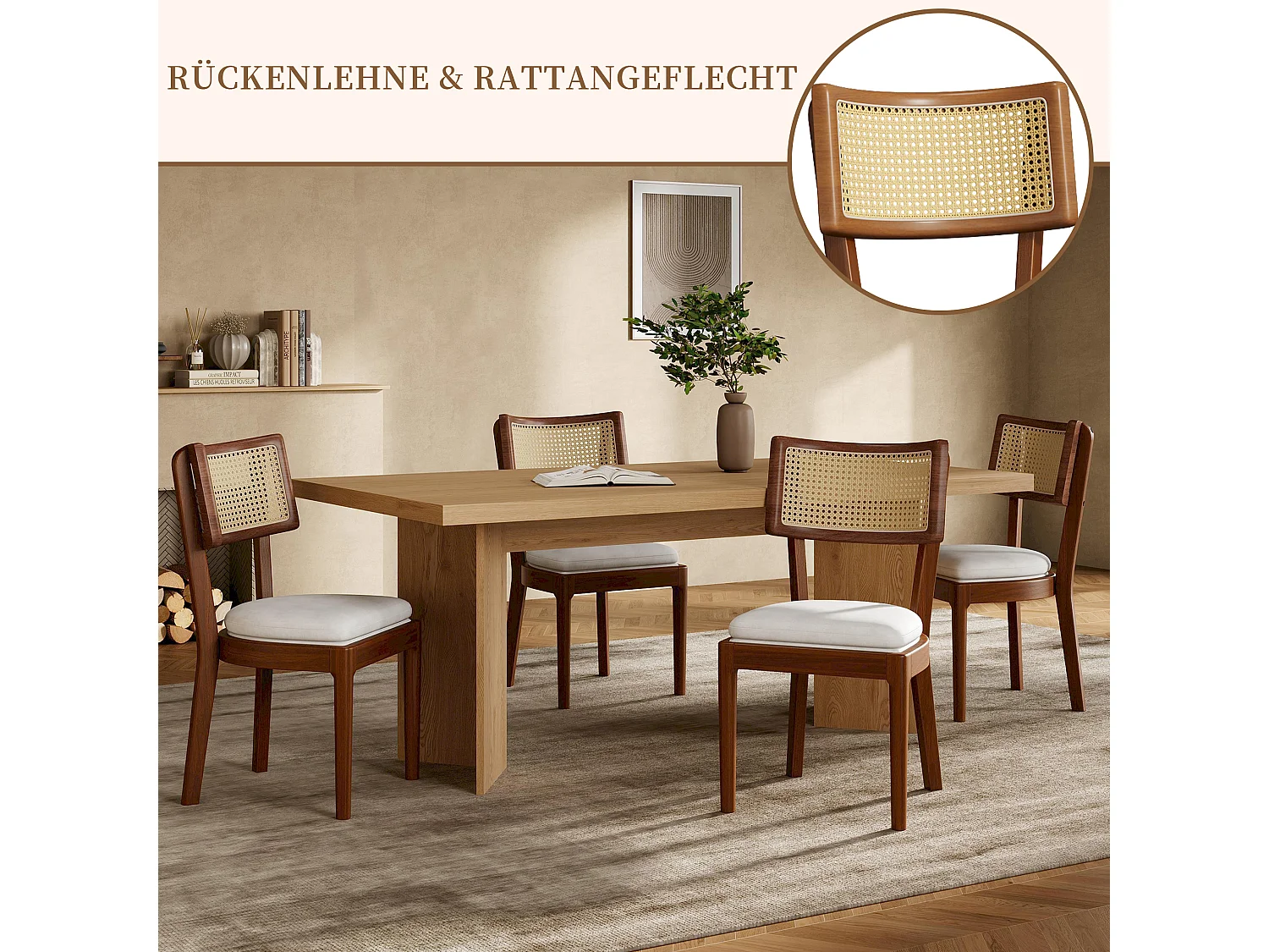 Esszimmerstuhl 2er Set Küchenstühle aus Massivholz-Gestell, Rattan-Rückenlehne, Polsterstuhl inkl. Leinenstoff Sitzkissen