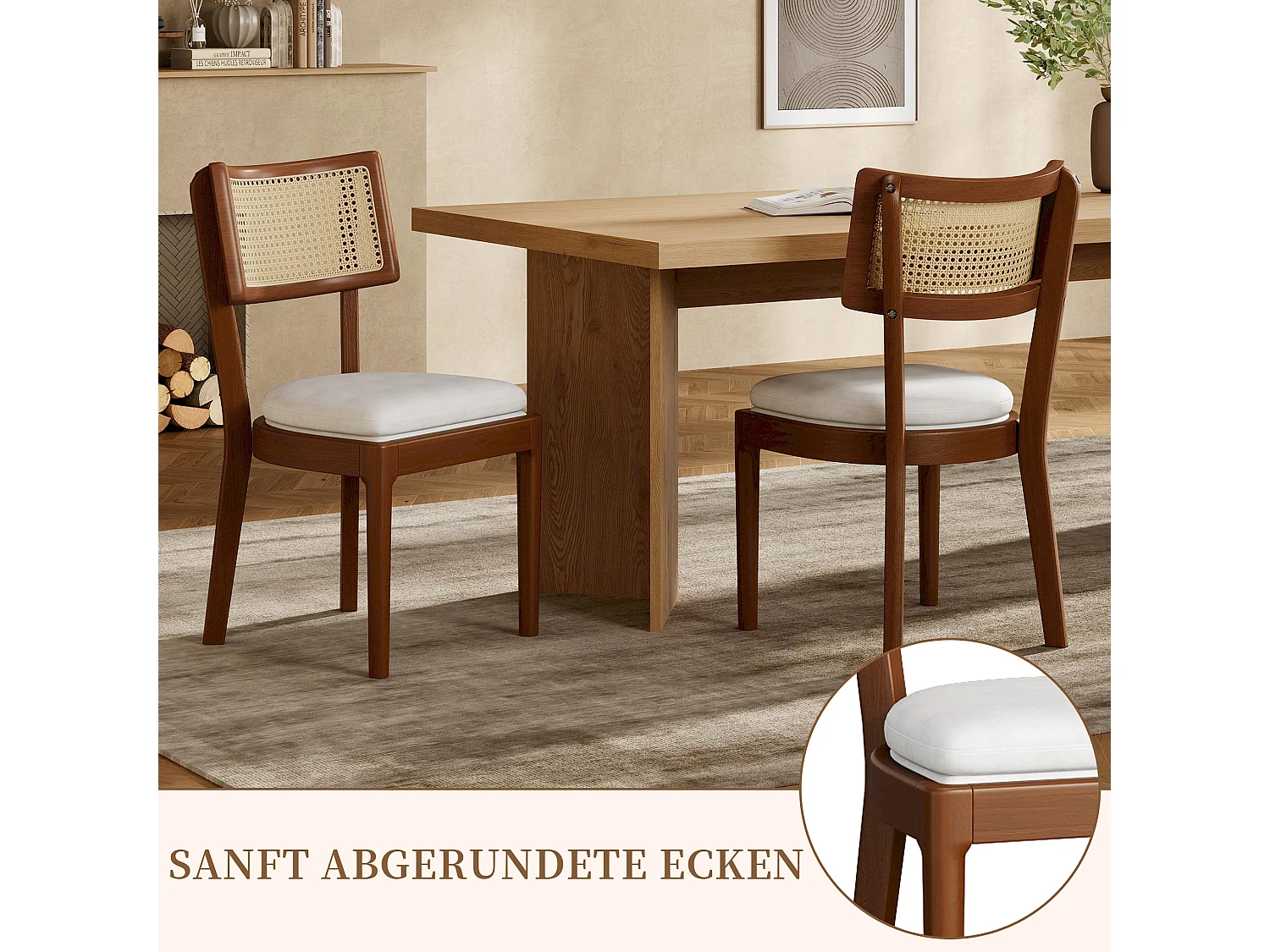 Esszimmerstuhl 2er Set Küchenstühle aus Massivholz-Gestell, Rattan-Rückenlehne, Polsterstuhl inkl. Leinenstoff Sitzkissen