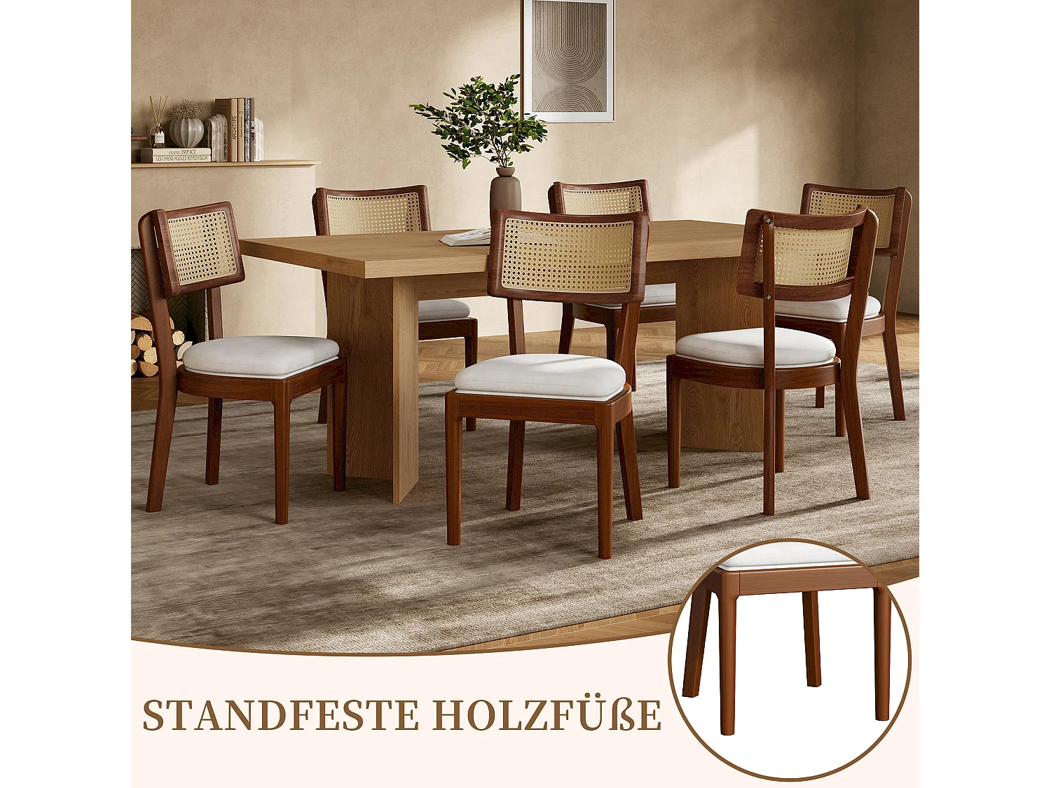 Esszimmerstuhl 2er Set Küchenstühle aus Massivholz-Gestell, Rattan-Rückenlehne, Polsterstuhl inkl. Leinenstoff Sitzkissen