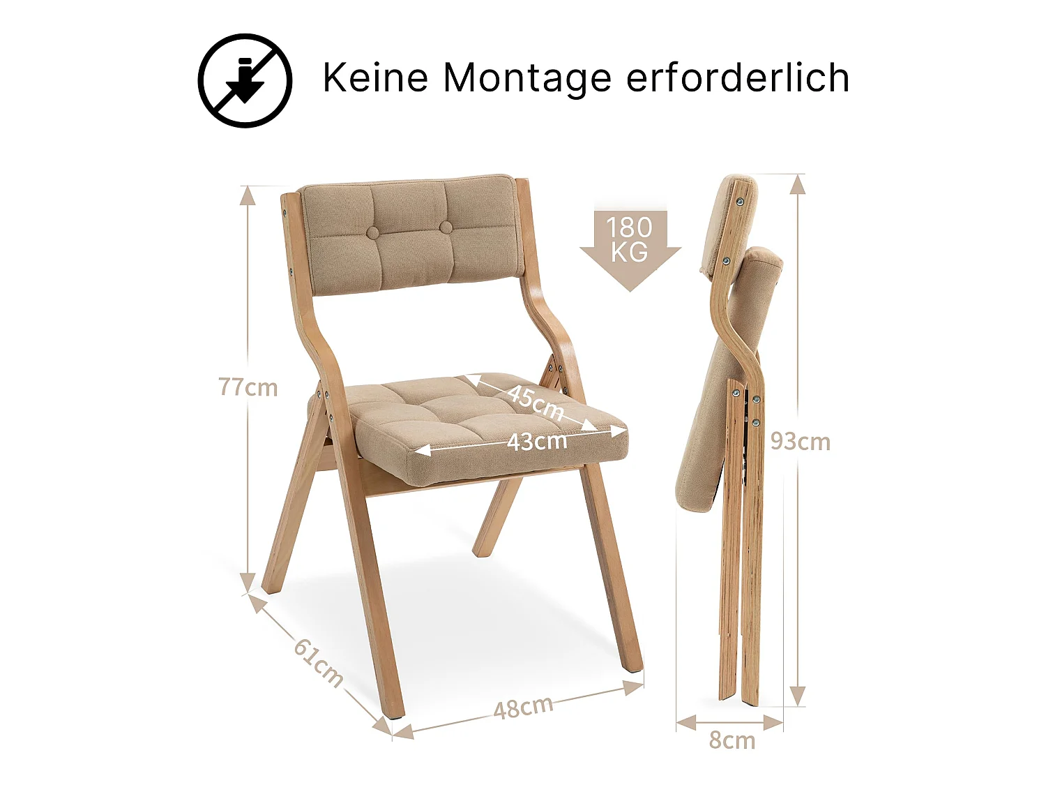 Juego de 2 Sillas de Comedor Plegables Tapizadas con Patas de Madera, Estilo Nórdico, Respaldo Reclinable a 110°, Montaje Fácil