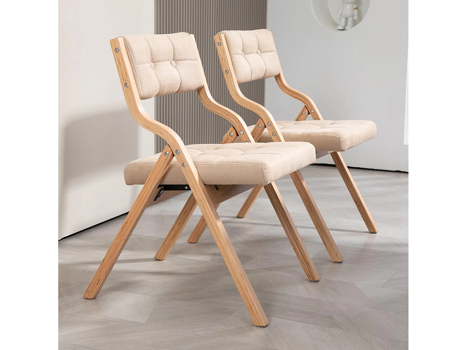 Juego de 2 Sillas de Comedor Plegables Tapizadas con Patas de Madera, Estilo Nórdico, Respaldo Reclinable a 110°, Montaje Fácil