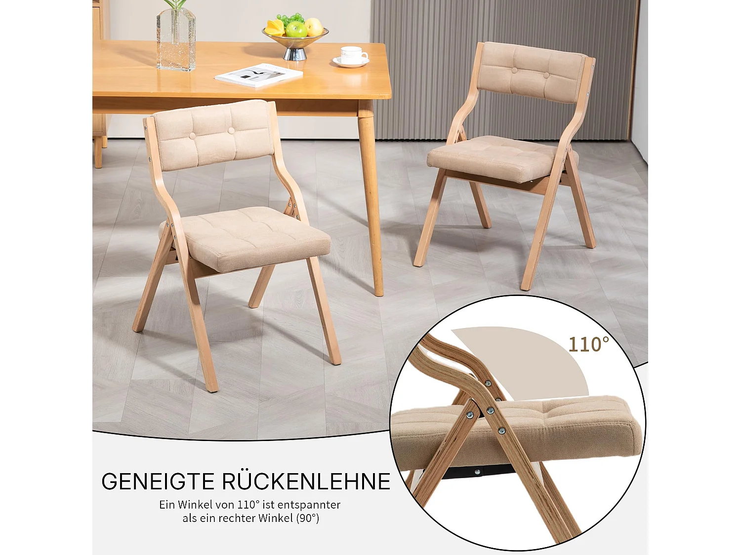 Juego de 2 Sillas de Comedor Plegables Tapizadas con Patas de Madera, Estilo Nórdico, Respaldo Reclinable a 110°, Montaje Fácil