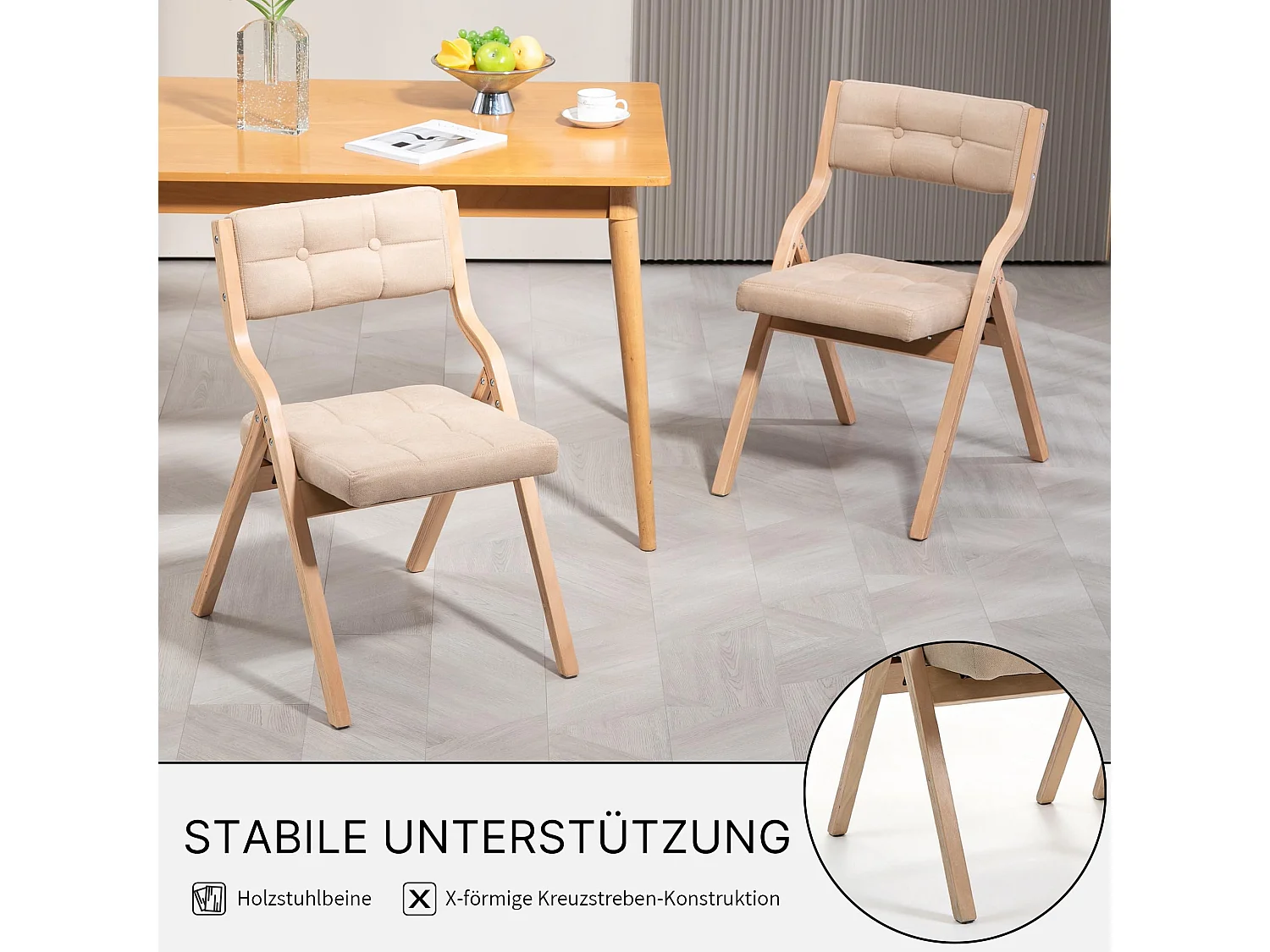 Juego de 2 Sillas de Comedor Plegables Tapizadas con Patas de Madera, Estilo Nórdico, Respaldo Reclinable a 110°, Montaje Fácil