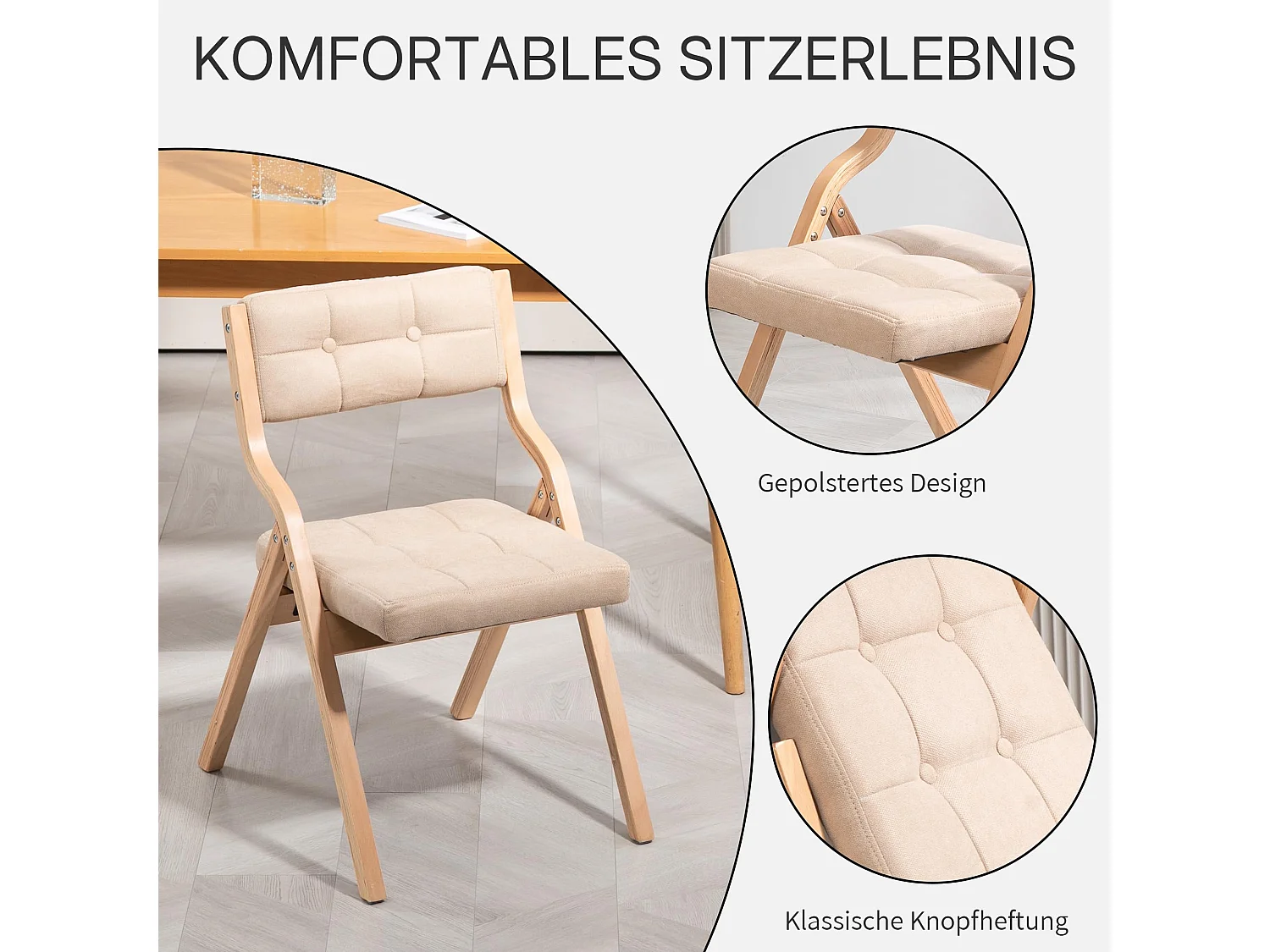 Juego de 2 Sillas de Comedor Plegables Tapizadas con Patas de Madera, Estilo Nórdico, Respaldo Reclinable a 110°, Montaje Fácil