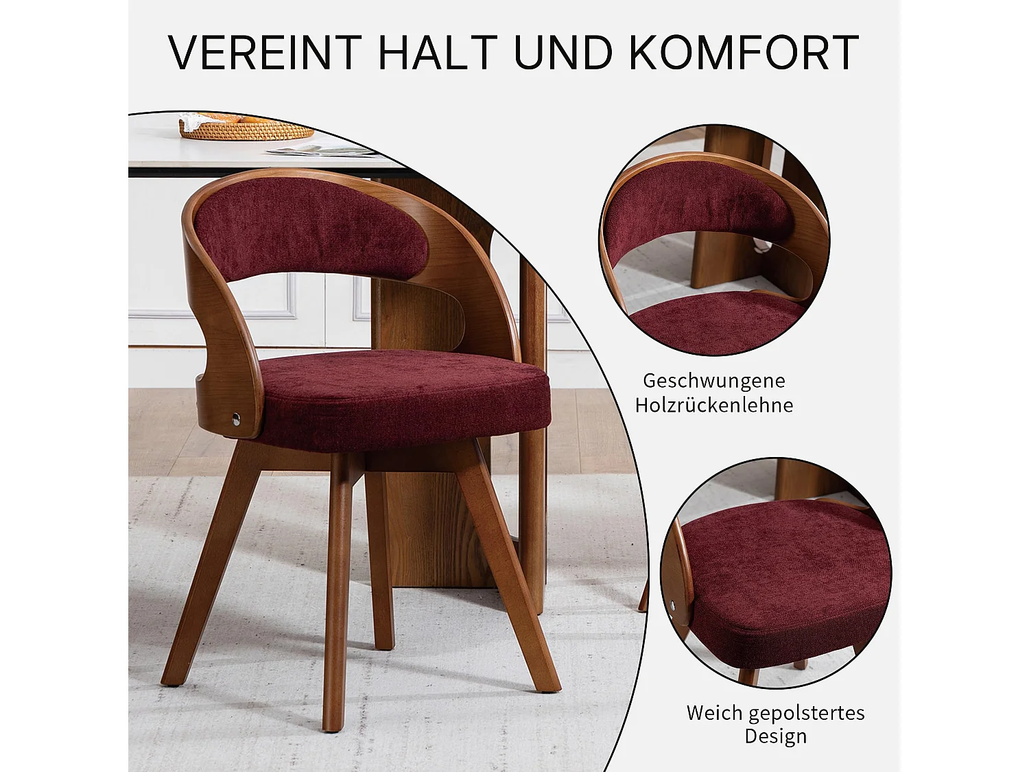 Esszimmerstuhl 2er Set Küchenstuhl mit Drehbarer Sitzfläche, Verstellbaren Holzbeinen, Polsterstuhl mit Geschwungener Rückenlehne