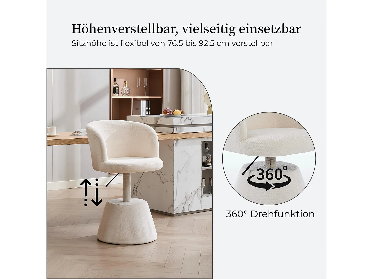 In hoogte verstelbare draaibare eetkamerstoel met Chenille bekleding, gebogen rugleuning, make-up stoel, metalen kegelvormige voet