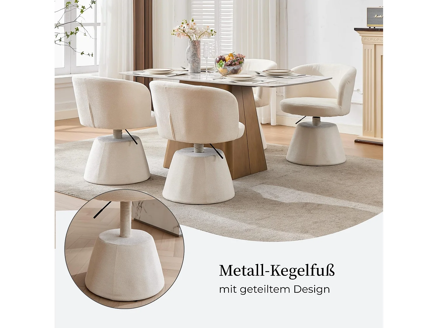 In hoogte verstelbare draaibare eetkamerstoel met Chenille bekleding, gebogen rugleuning, make-up stoel, metalen kegelvormige voet
