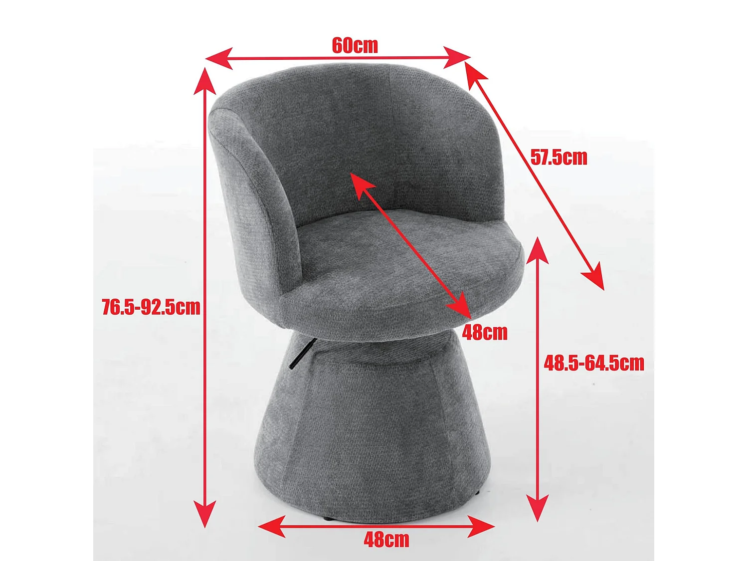 In hoogte verstelbare draaibare eetkamerstoel met Chenille bekleding, gebogen rugleuning, make-up stoel met metalen kegelvormige basis