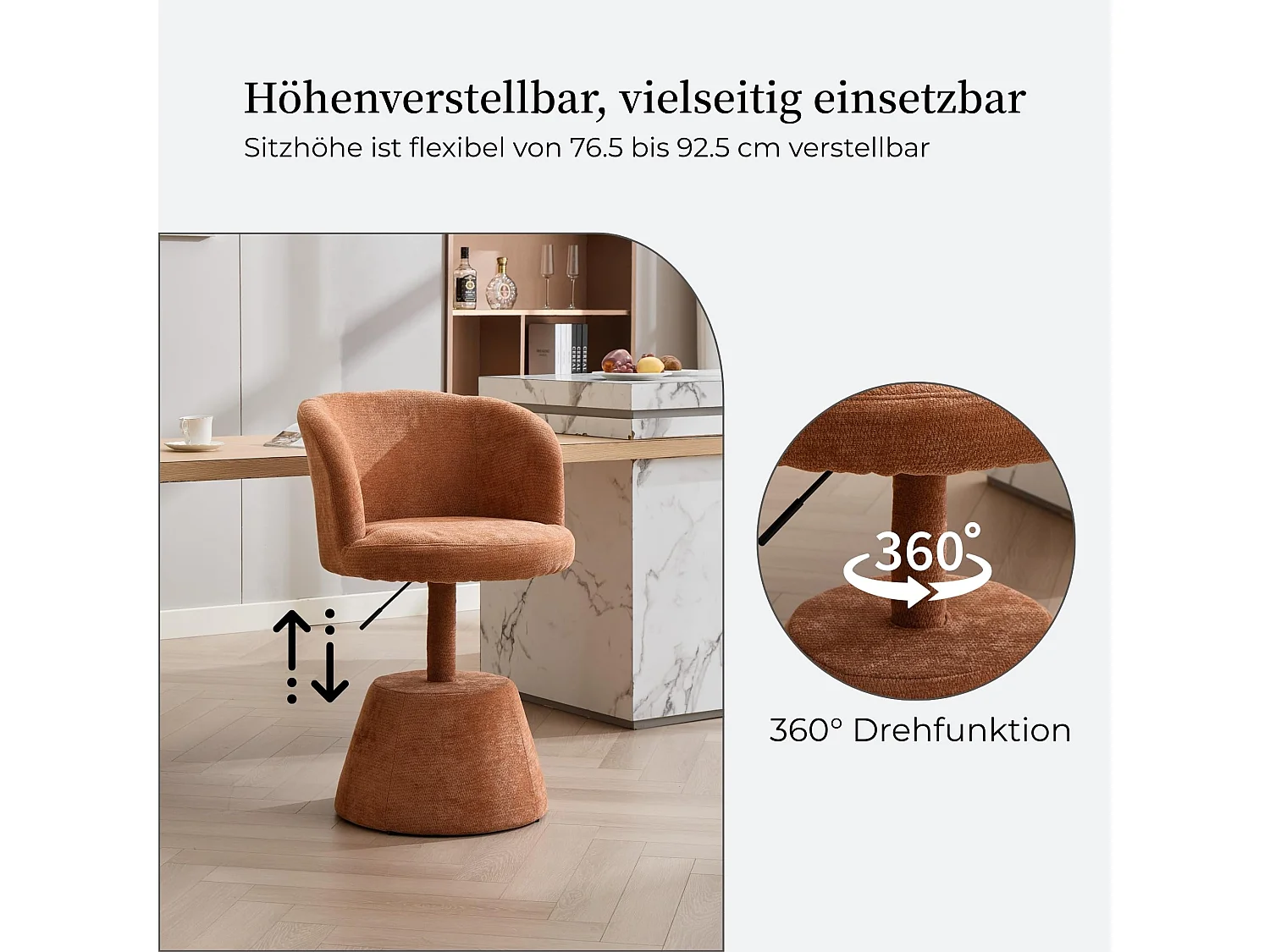 In hoogte verstelbare draaibare eetkamerstoel met Chenille bekleding, gebogen rugleuning, make-up stoel met metalen kegelvormige basis