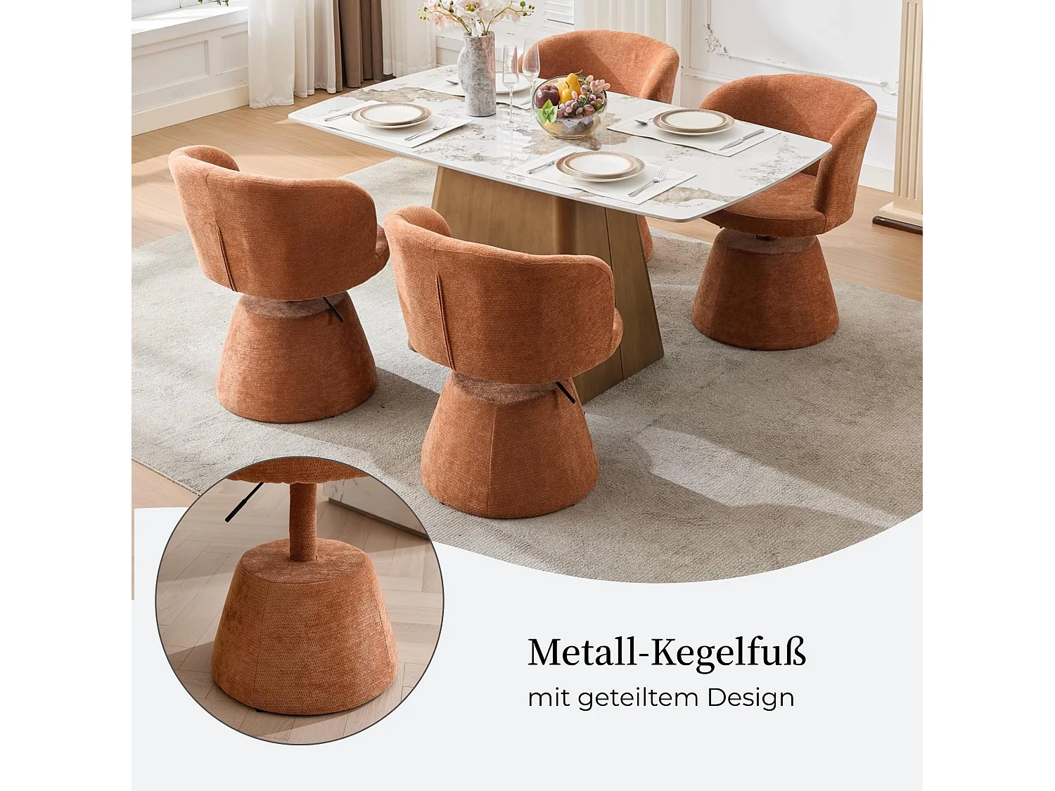 In hoogte verstelbare draaibare eetkamerstoel met Chenille bekleding, gebogen rugleuning, make-up stoel met metalen kegelvormige basis