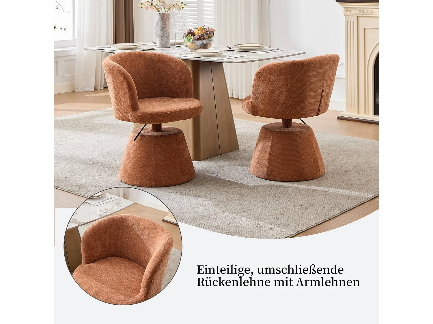 In hoogte verstelbare draaibare eetkamerstoel met Chenille bekleding, gebogen rugleuning, make-up stoel met metalen kegelvormige basis