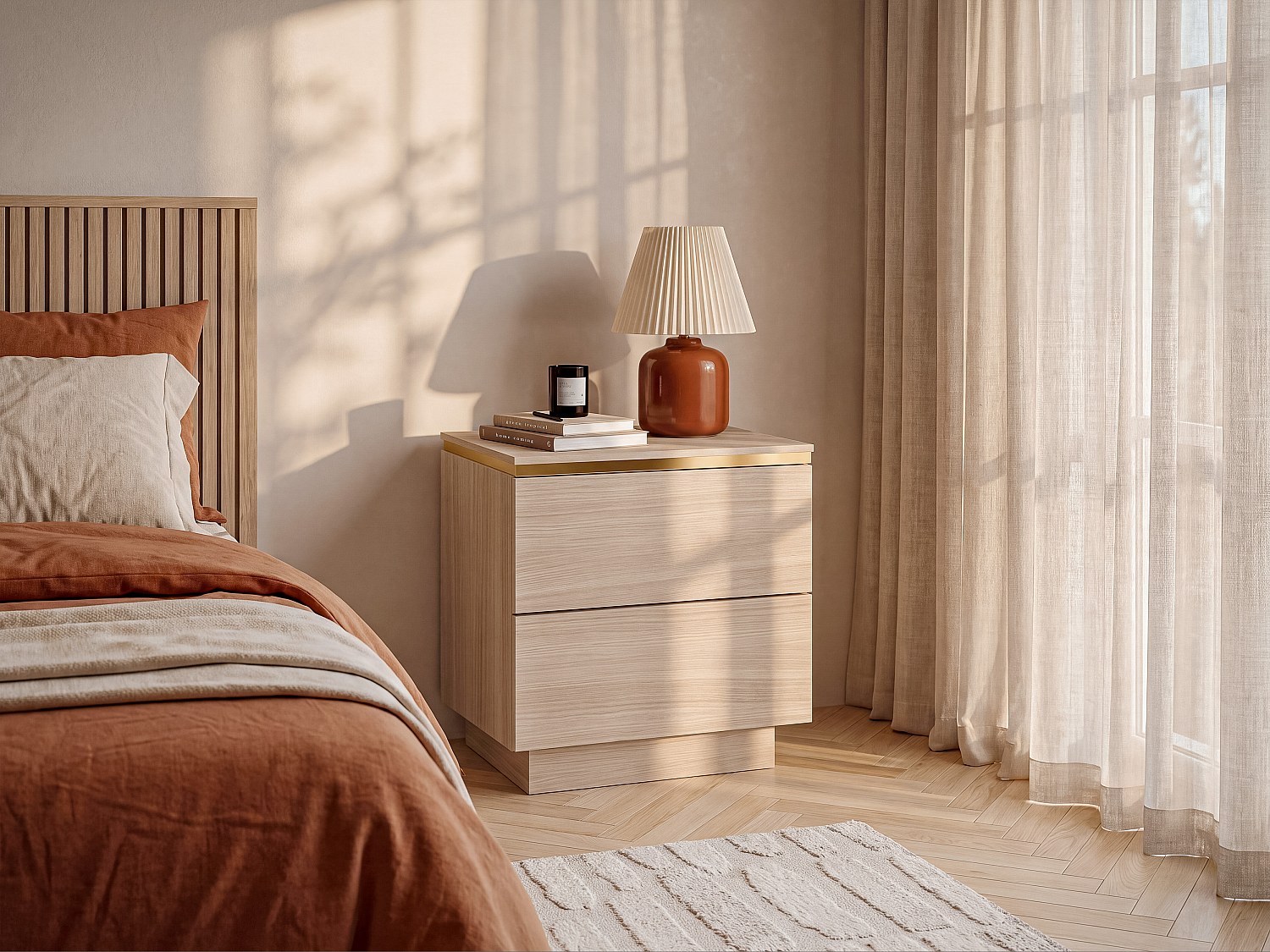2er-Set Nachttisch mit 2 Schubladen -  Natur und Gold VUKIA