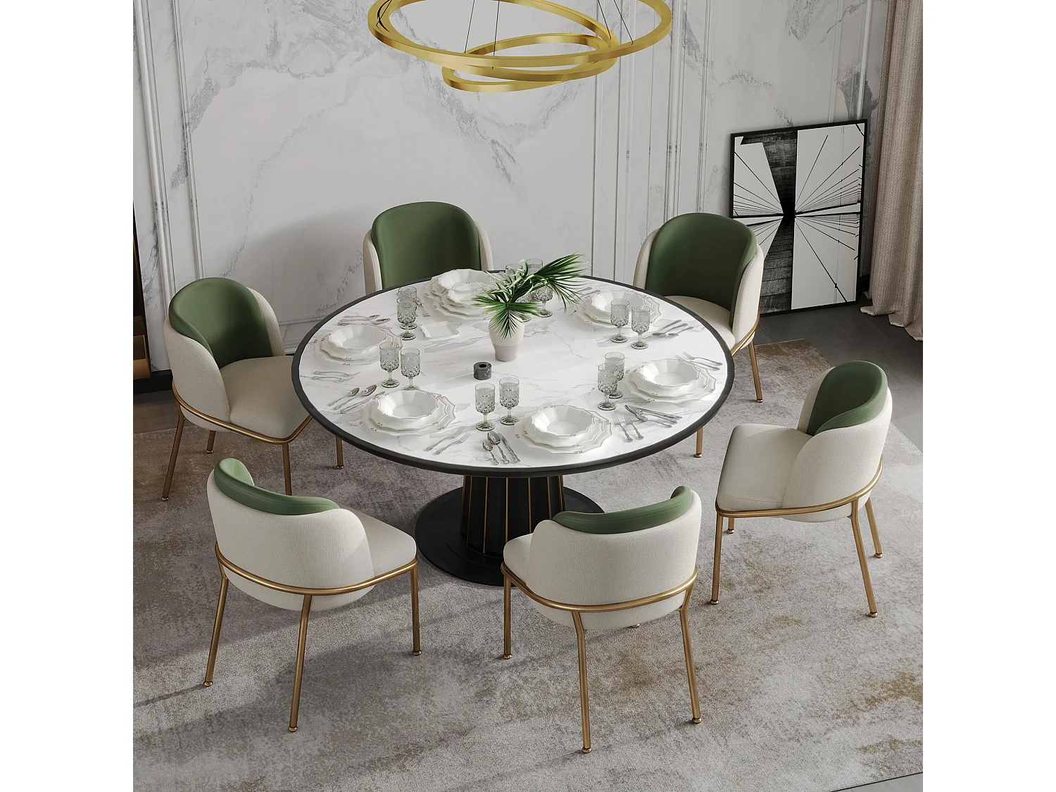 Set van 2 stoelen met gouden metalen poten - Groen kunstleer en beige stof