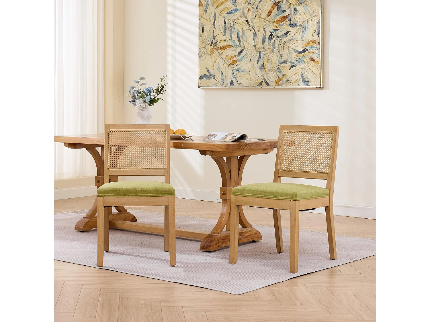 Lot de 2 chaises en lin vert olive - Cadre en bois et dossier en canne