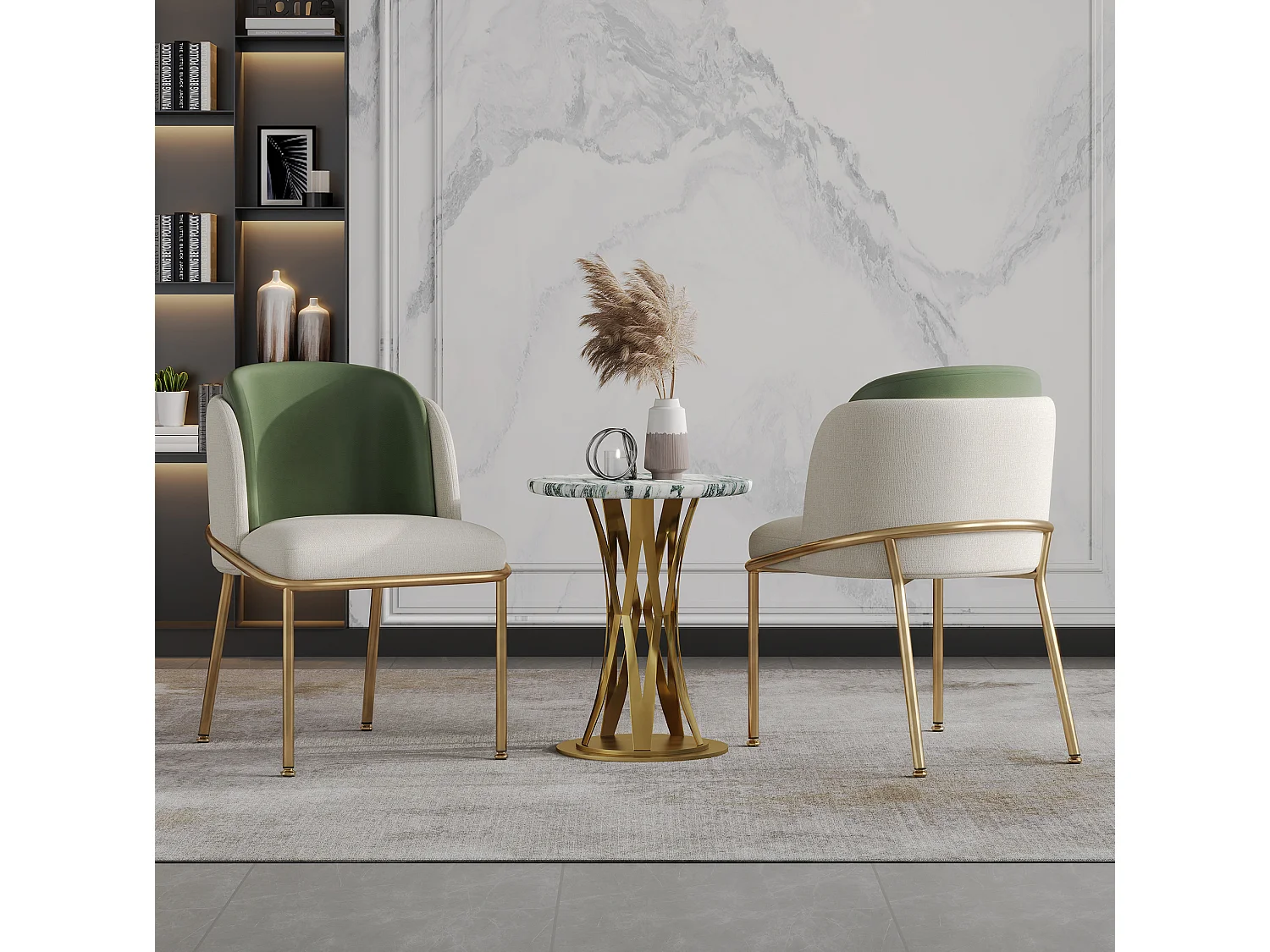 Set van 6 stoelen met gouden metalen poten - Groen kunstleer en beige stof