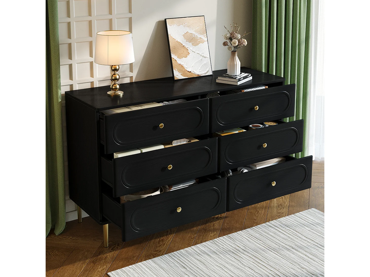 Cómoda com 6 gavetas e pés em metal dourado - Preto 120x40x75 cm