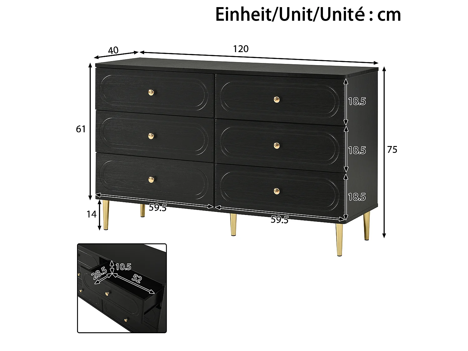 Cómoda com 6 gavetas e pés em metal dourado - Preto 120x40x75 cm