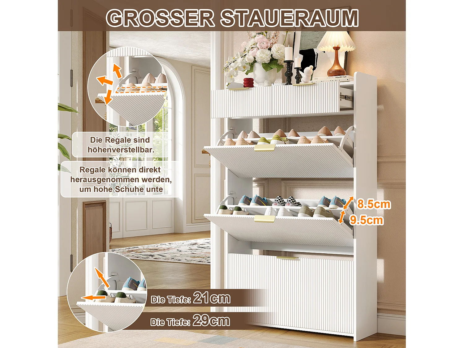 Meuble à chaussures moderne 80x25x135cm - avec 2 tiroirs et 3 portes abattantes - étagères ouvertes - Blanc