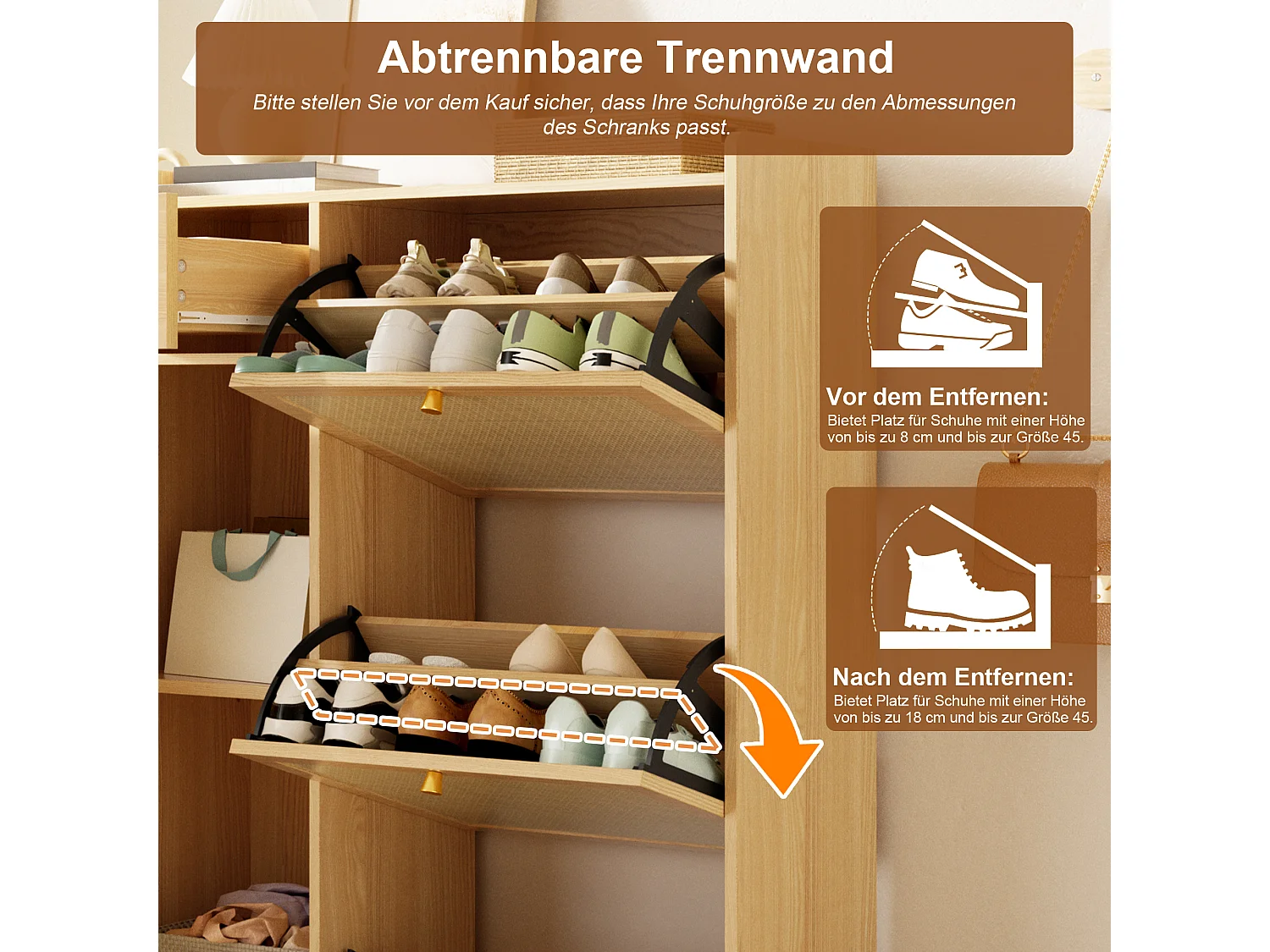 Meuble à chaussures moderne 80.5x25x125cm - avec 1 tiroir et 3 portes abattantes - compartiment de rangement - Naturel