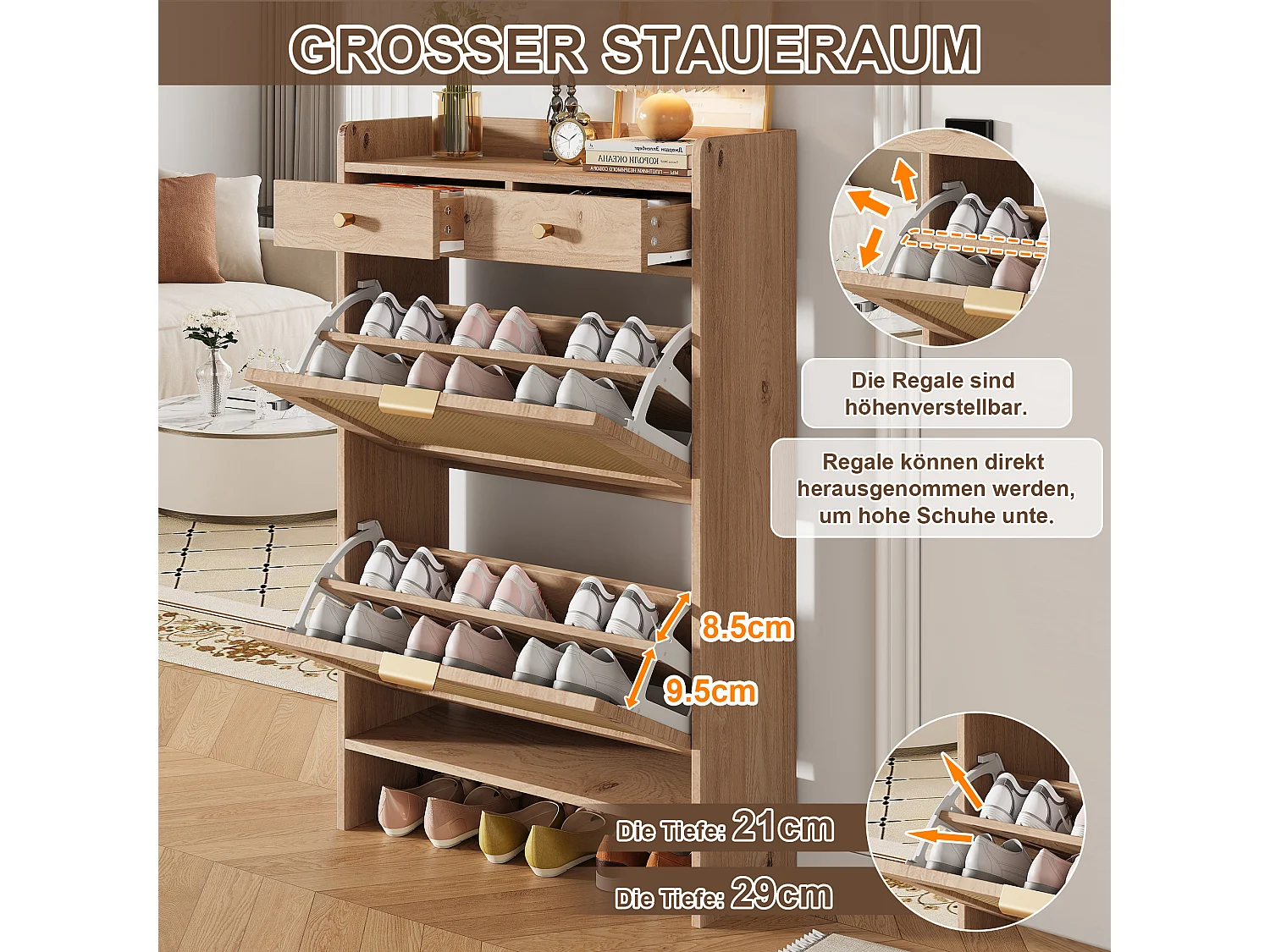 Moderne skoboks 65x25x106cm - med 2 skuffer og 2 klapper - åbne hylder - Naturlig