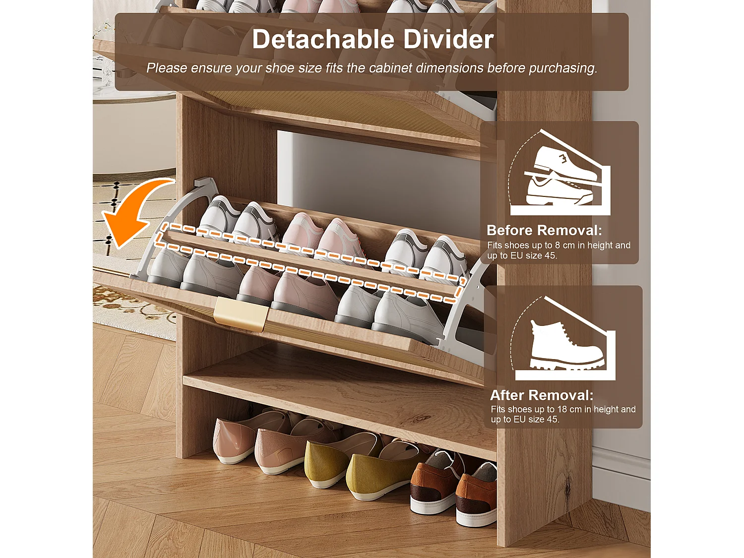 Moderne skoboks 65x25x106cm - med 2 skuffer og 2 klapper - åbne hylder - Naturlig