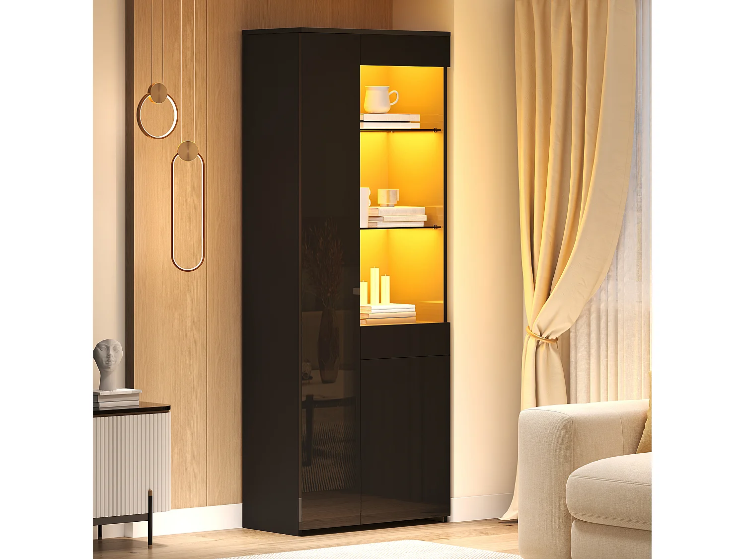 Vitrine haute brillance 70 x 35 x 180 cm - avec éclairage LED - 3 portes et 1 tiroir - Blanc