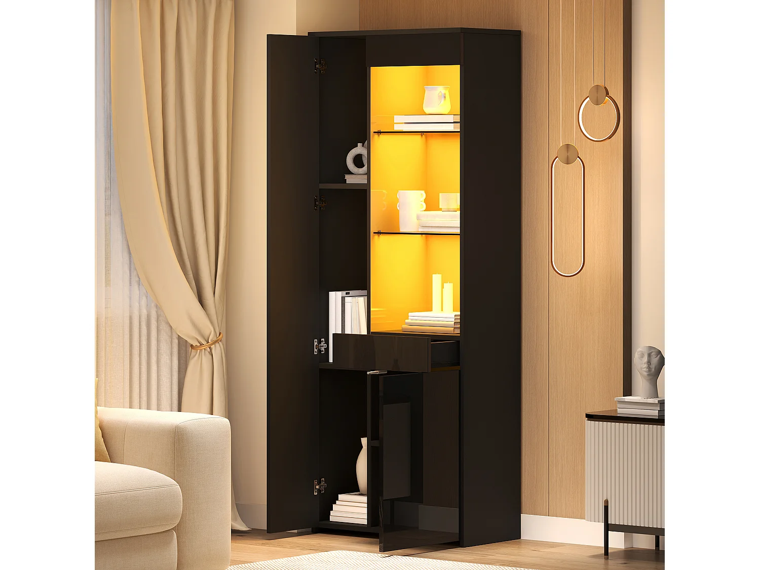 Vitrine haute brillance 70 x 35 x 180 cm - avec éclairage LED - 3 portes et 1 tiroir - Blanc
