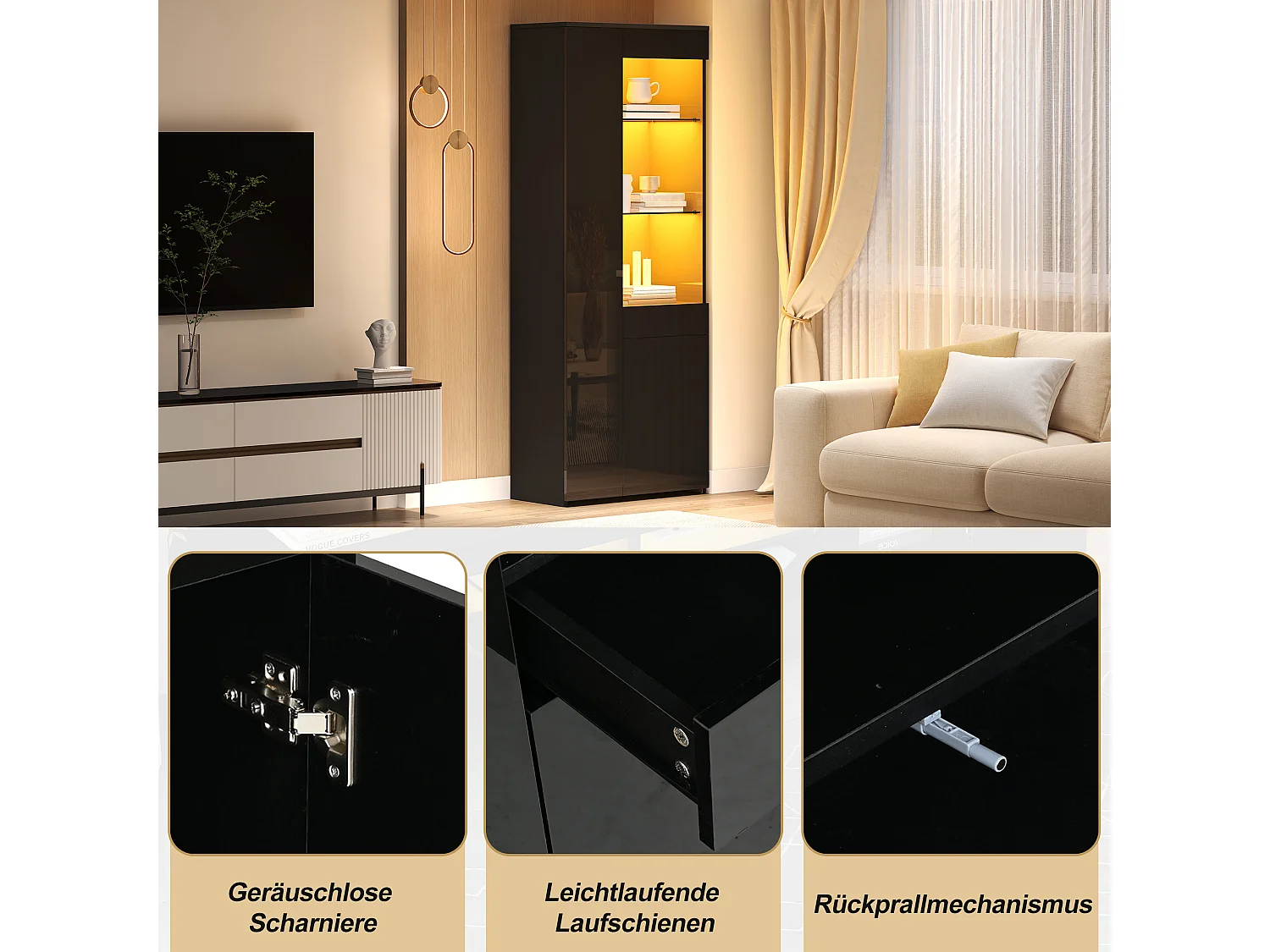 Vitrine haute brillance 70 x 35 x 180 cm - avec éclairage LED - 3 portes et 1 tiroir - Blanc
