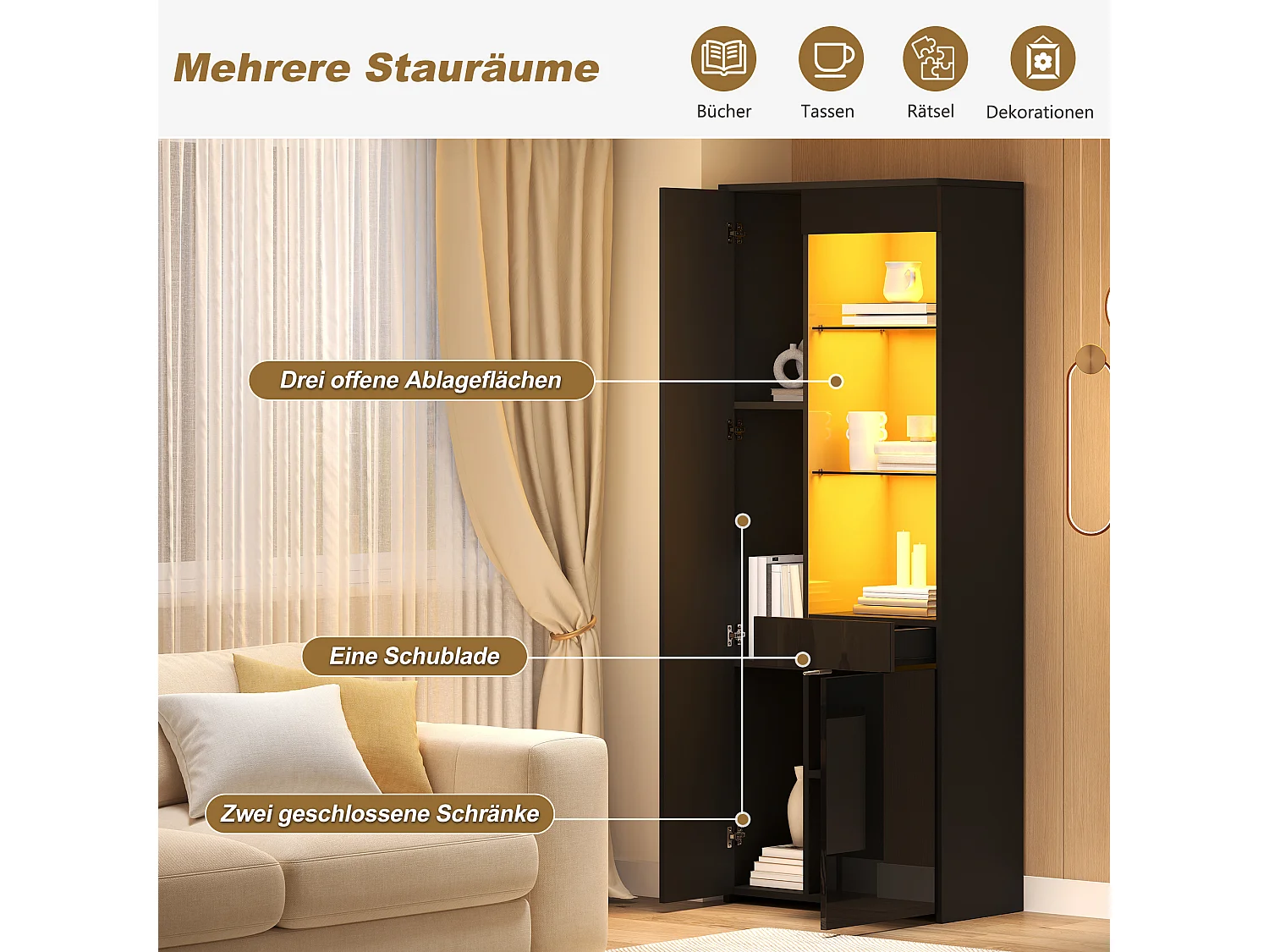 Vitrine haute brillance 70 x 35 x 180 cm - avec éclairage LED - 3 portes et 1 tiroir - Blanc