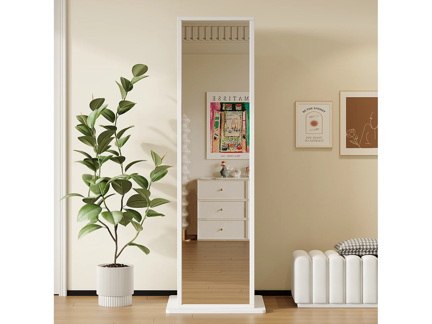 Vitrine pivotante 45×45×168 cm - Miroir pleine longueur - Avec 1 tiroir et étagères ouvertes - MDF - Blanc
