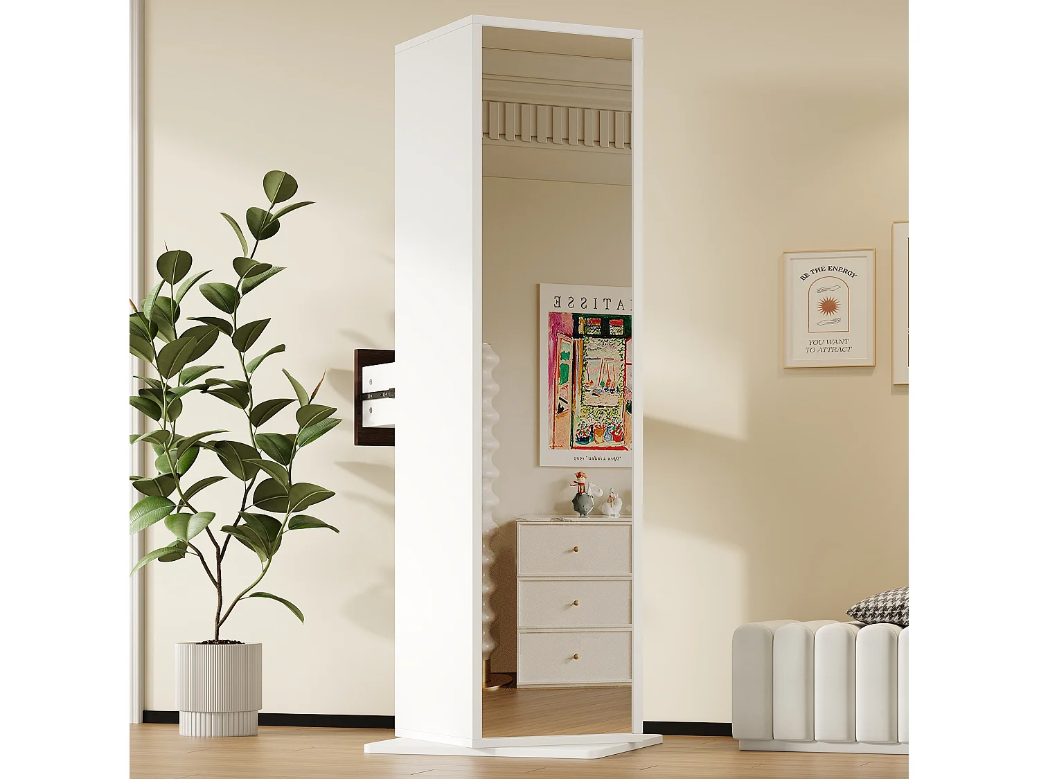 Vitrine pivotante 45×45×168 cm - Miroir pleine longueur - Avec 1 tiroir et étagères ouvertes - MDF - Blanc