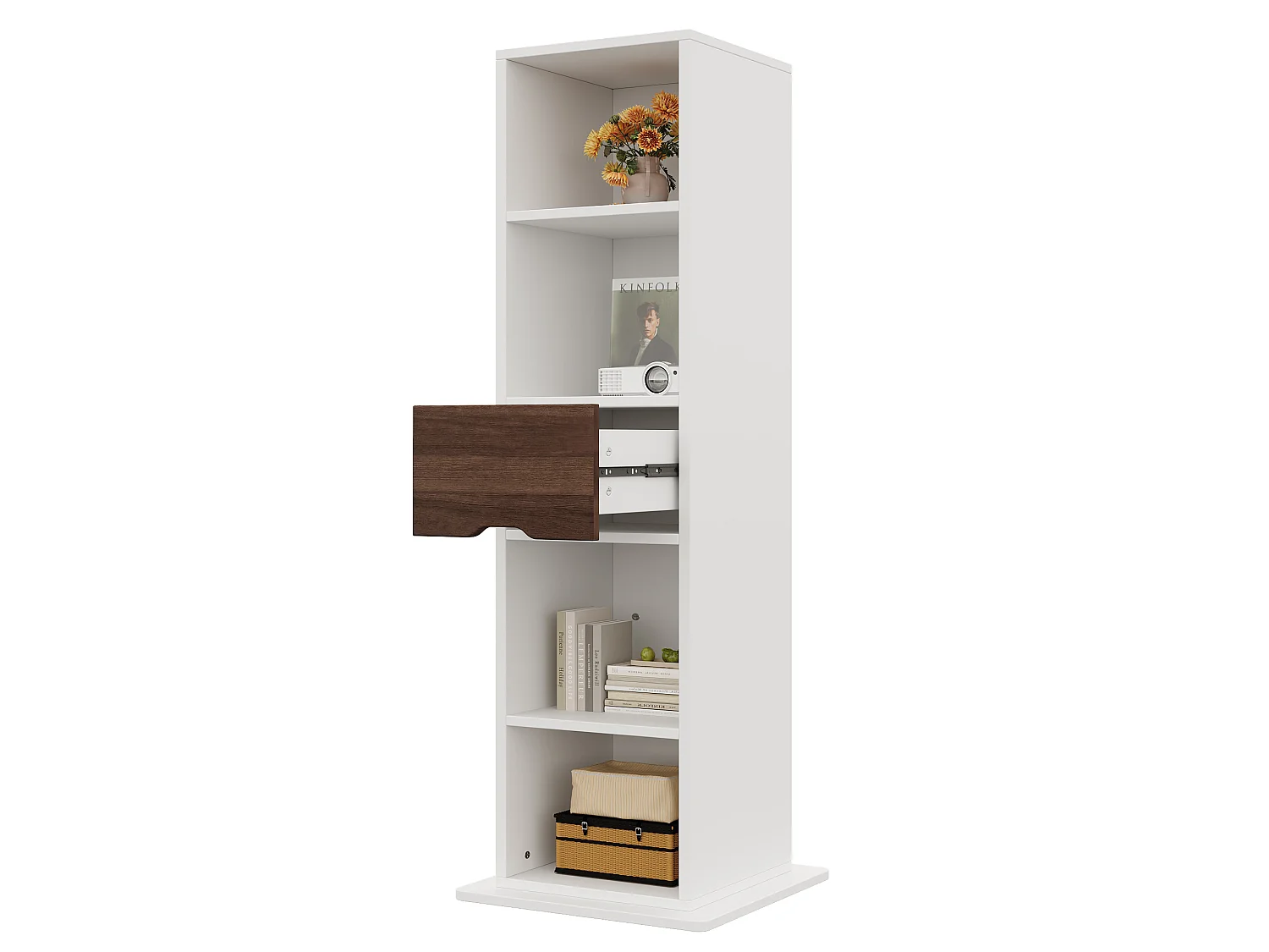 Vitrine pivotante 45×45×168 cm - Miroir pleine longueur - Avec 1 tiroir et étagères ouvertes - MDF - Blanc