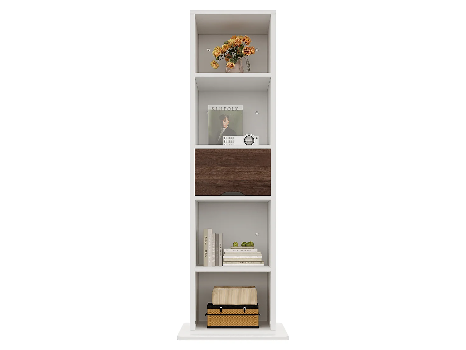 Vitrine pivotante 45×45×168 cm - Miroir pleine longueur - Avec 1 tiroir et étagères ouvertes - MDF - Blanc