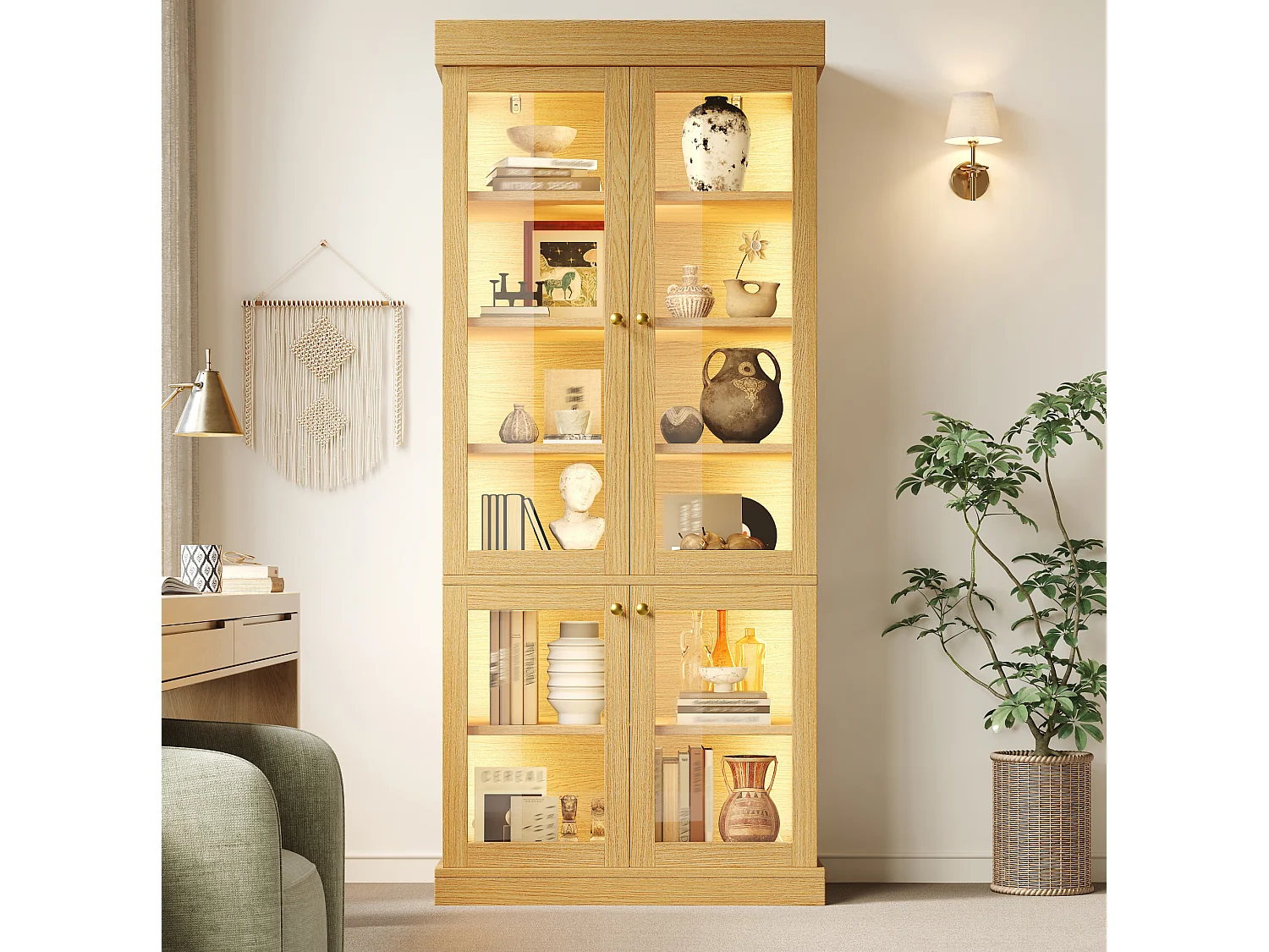 Vitrine haute 80x40x180 cm avec LED et 4 portes verre - Couleur bois