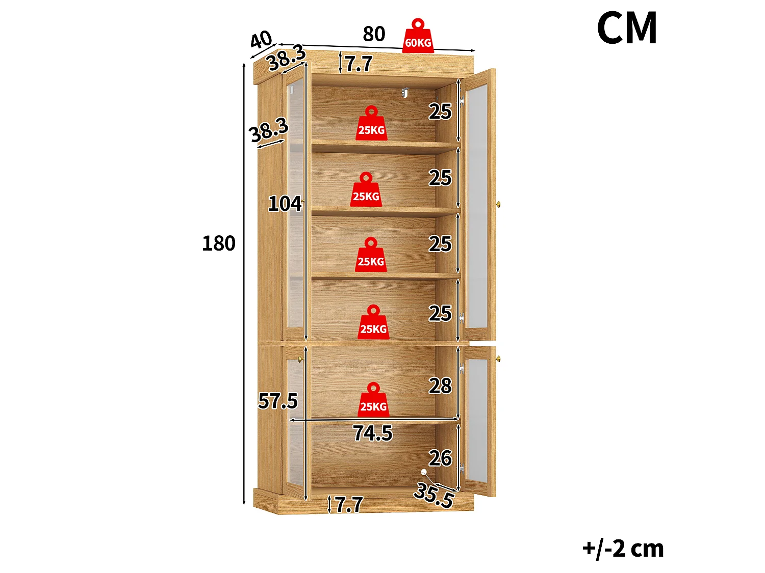 Vitrine haute 80x40x180 cm avec LED et 4 portes verre - Couleur bois