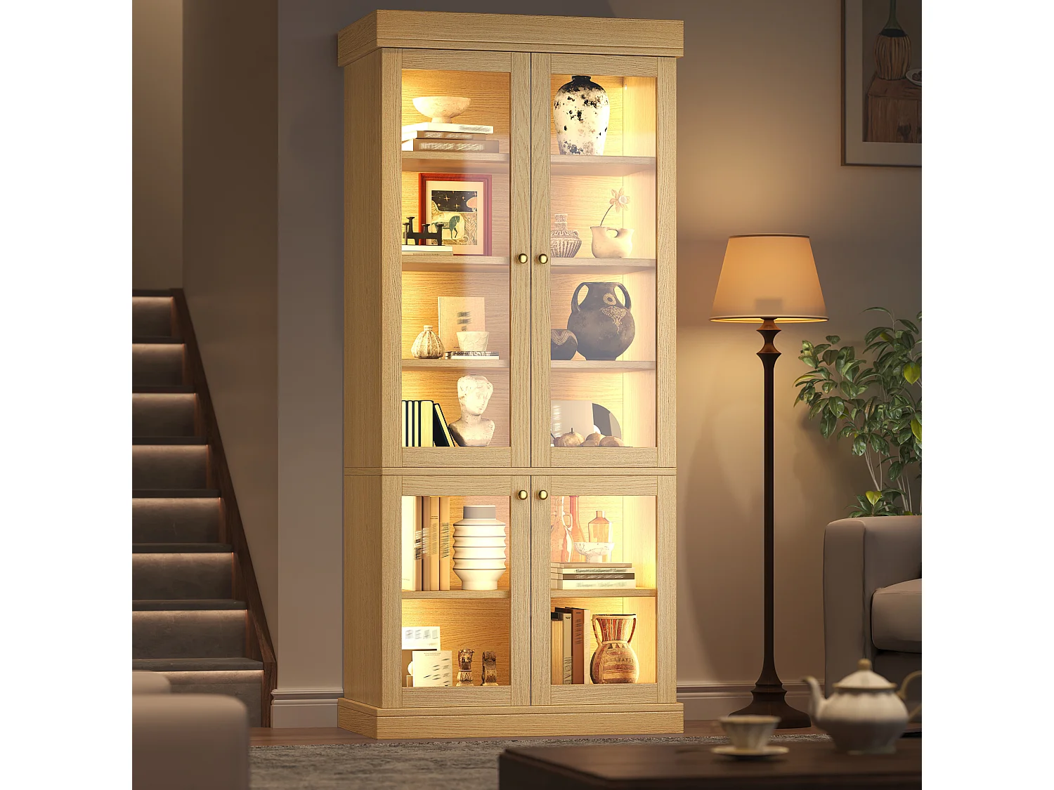 Vitrine haute 80x40x180 cm avec LED et 4 portes verre - Couleur bois