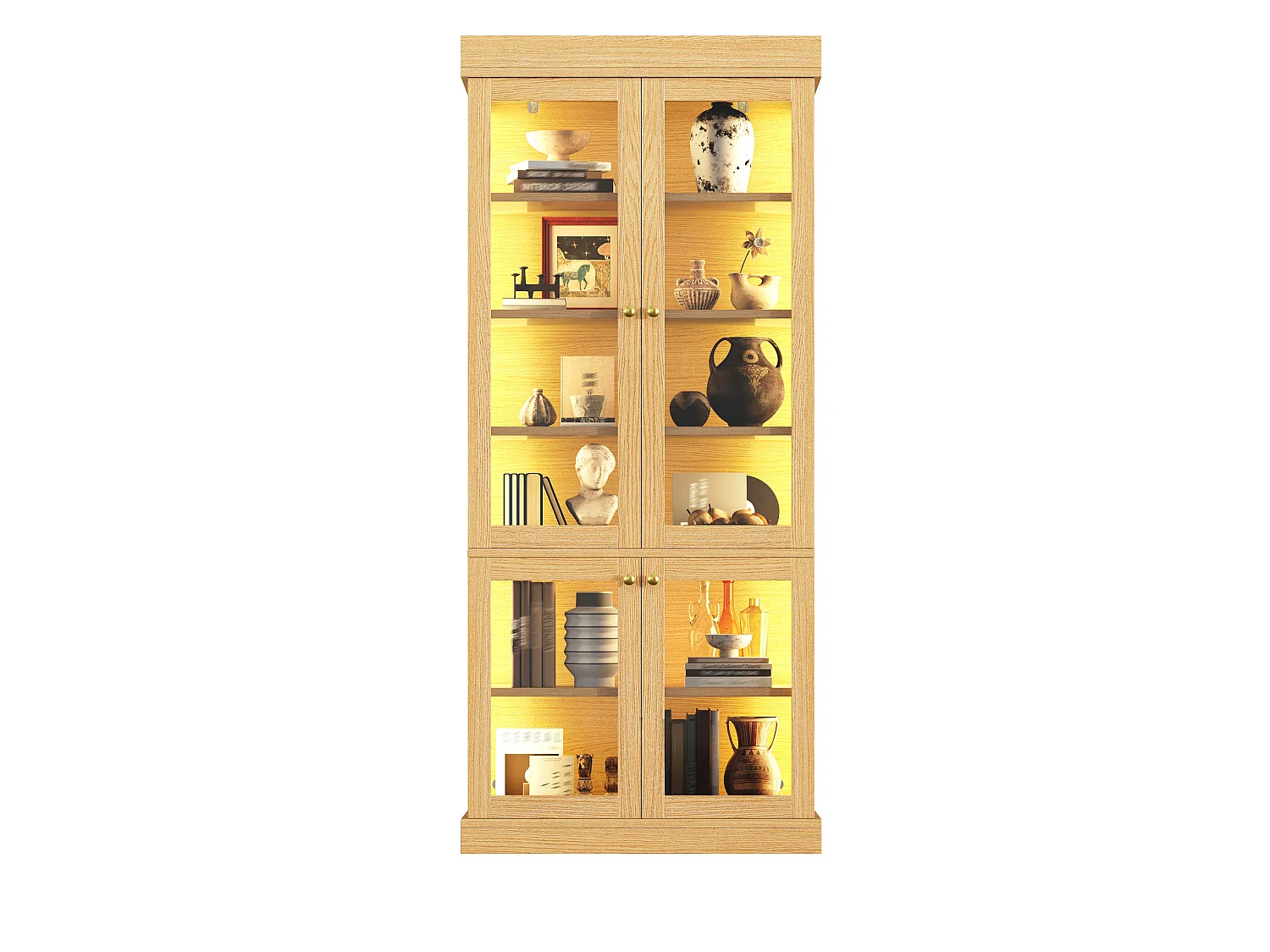 Vitrine haute 80x40x180 cm avec LED et 4 portes verre - Couleur bois