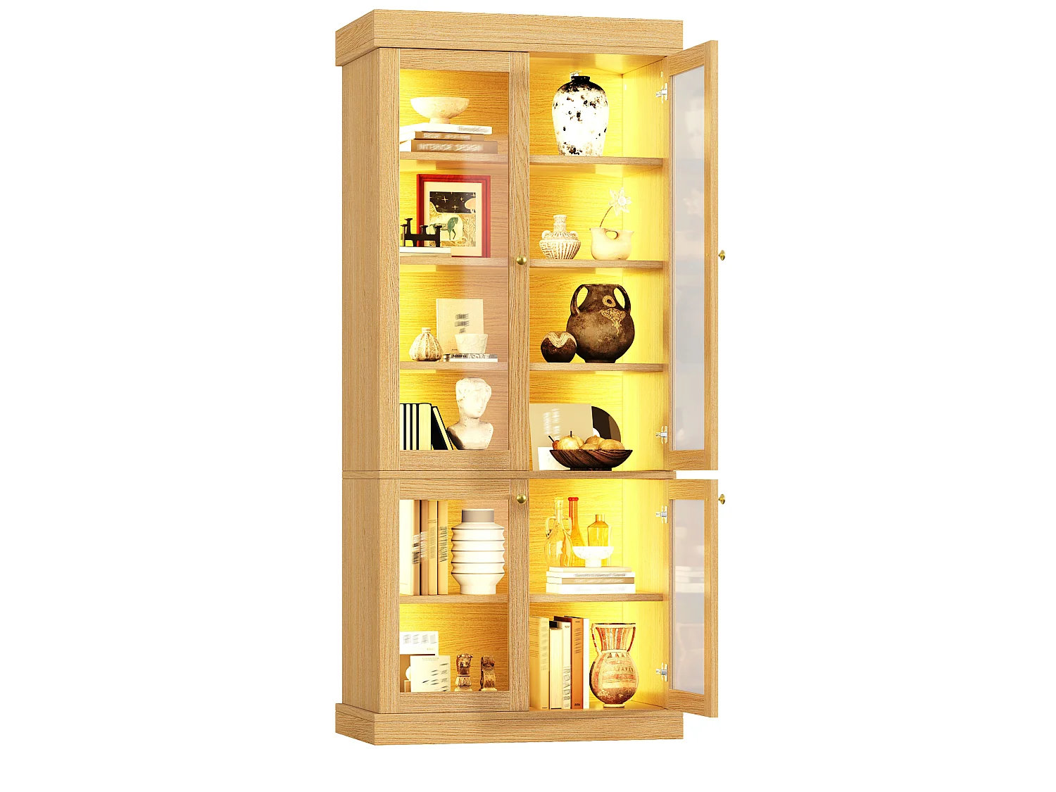 Vitrine haute 80x40x180 cm avec LED et 4 portes verre - Couleur bois