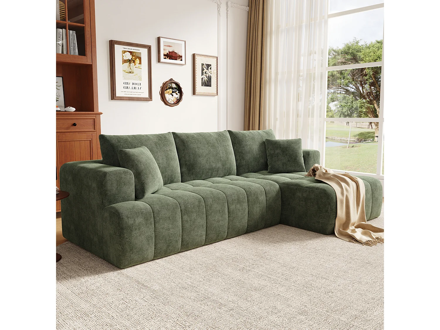 Modulaire hoekbank met 3 zitplaatsen in chenille - Geen montage nodig - Groen