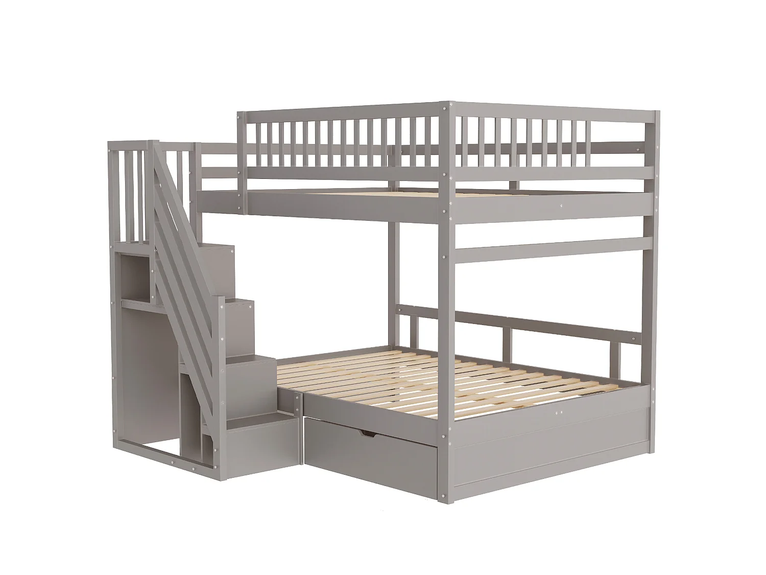 Lit superposé enfant 140x200 cm avec rangement et tiroir - Gris